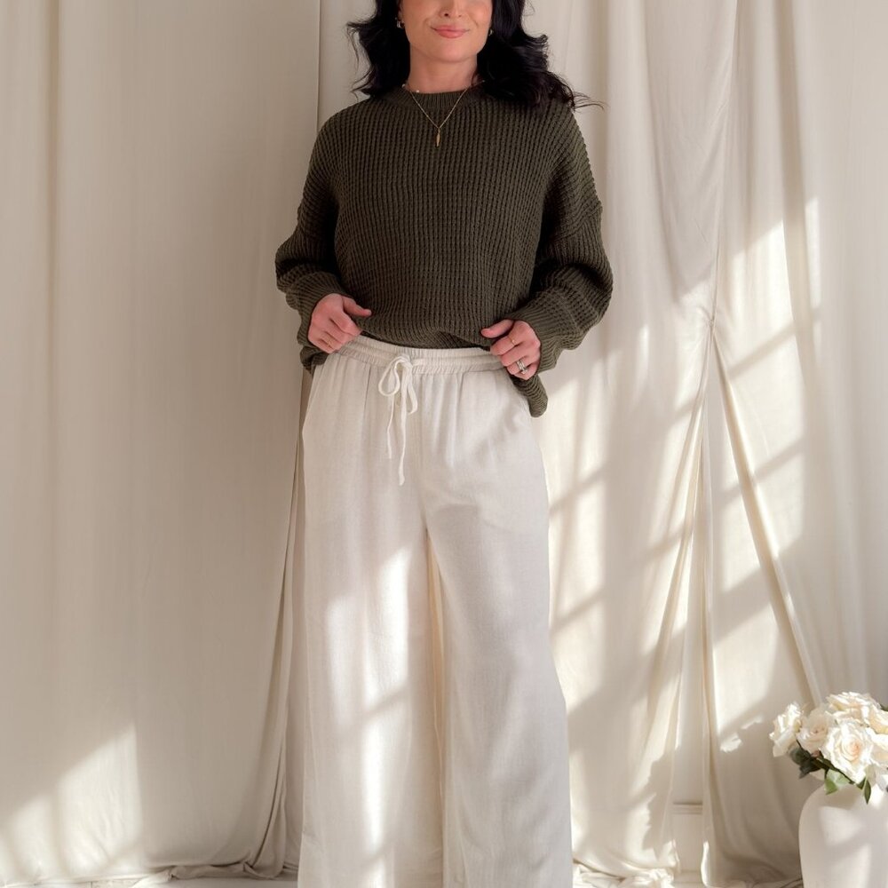 Ivory Linen Blend Wide Leg Drawstring Pants - Picture 14 of 16